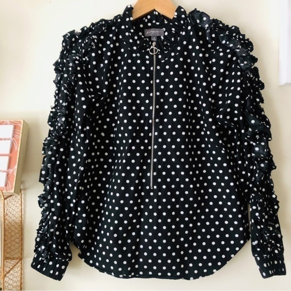 Greysn Black and White Polka Dot Ruffle Sleeve Zip Up Cotton Blouse Size Medium - Picture 2 of 11